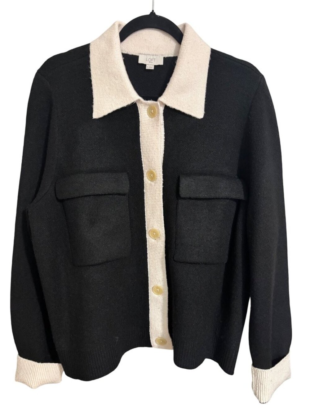 Loft Black & Ivory Button-Up Cardigan Sweater With Front Pockets XL